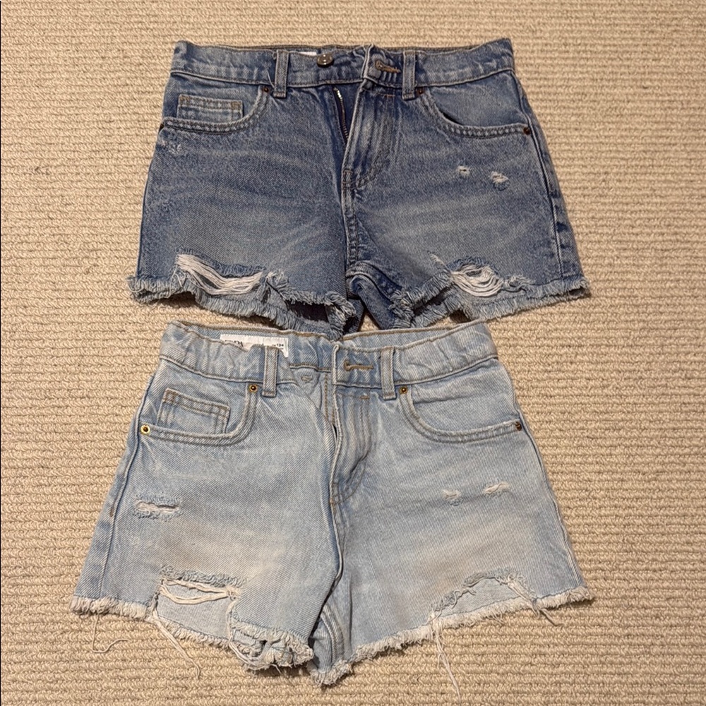 Zara Denim Distressed Girls Jean Shorts - Blue and Light Blue